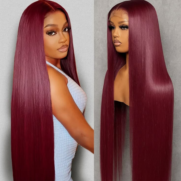 Burgundy Preplucked Colored Straight Frontal Wig HD Lace Human Hair Wigs 200%