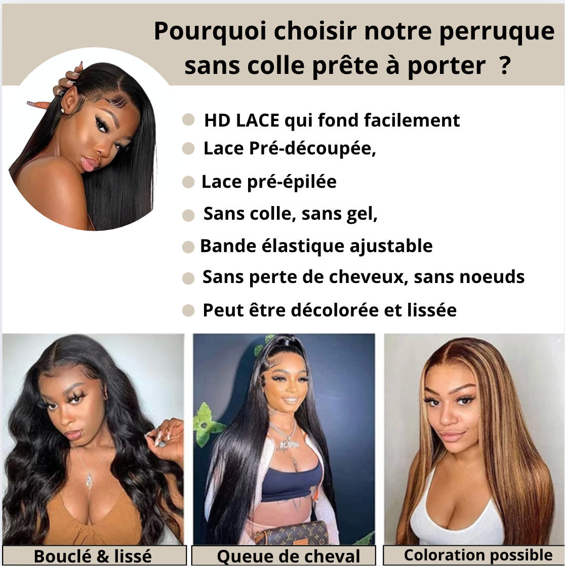 Perruque sans colle prêt à porter HD Lace 5x5, et 6x4 densité 180%  – Effet naturel