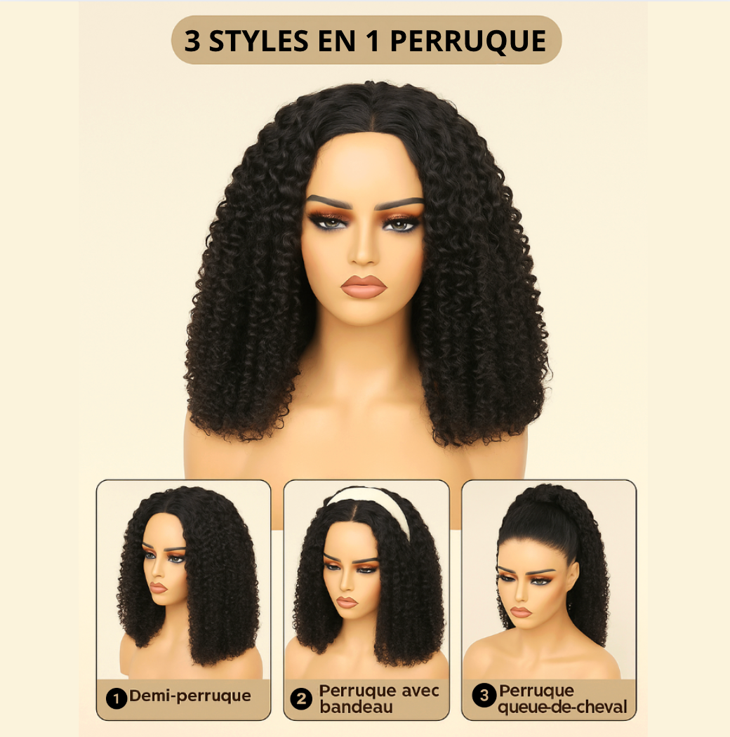 Demi-Perruque 3 en 1  | Bouclée avec Cordon de Serrage